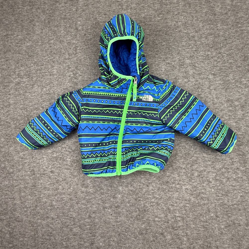 The North Face Kids Hooded Puffer Jacket in Blue & Lime Green Stripe